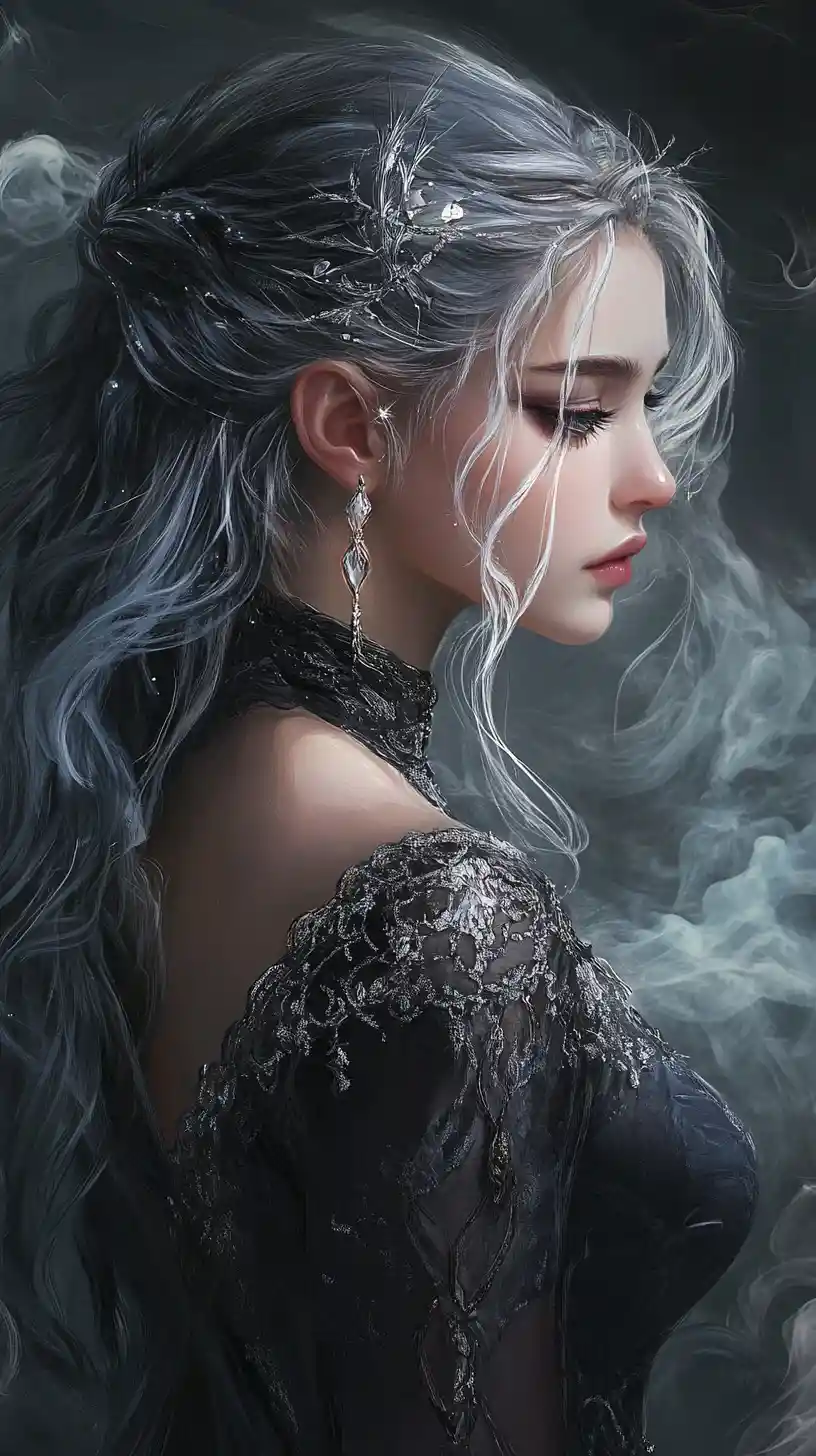 Ethereal silver haired fantasy woman in drifting mist