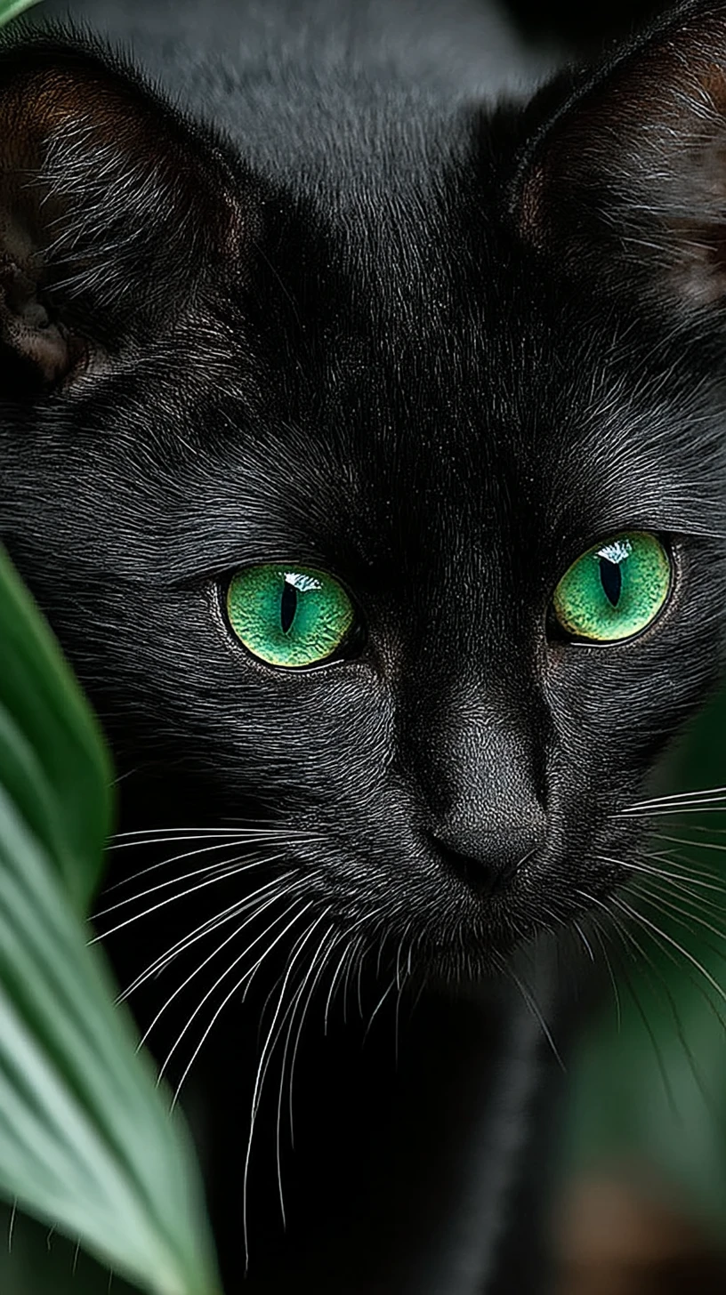 Black cat staring from deep green forest undergrowth