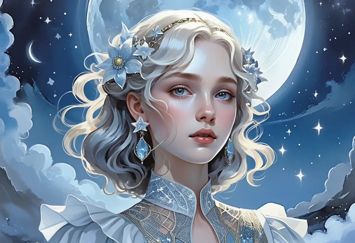 Ragazza anime eterea che brilla sotto un cielo stellato illuminato dalla luna