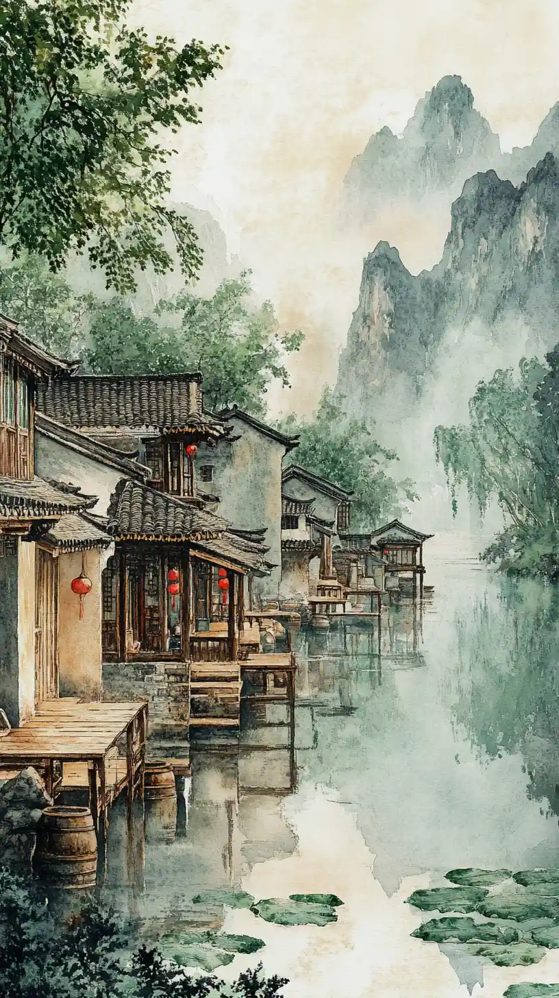 Serene Chinese Riverside Village In Misty Watercolor Style