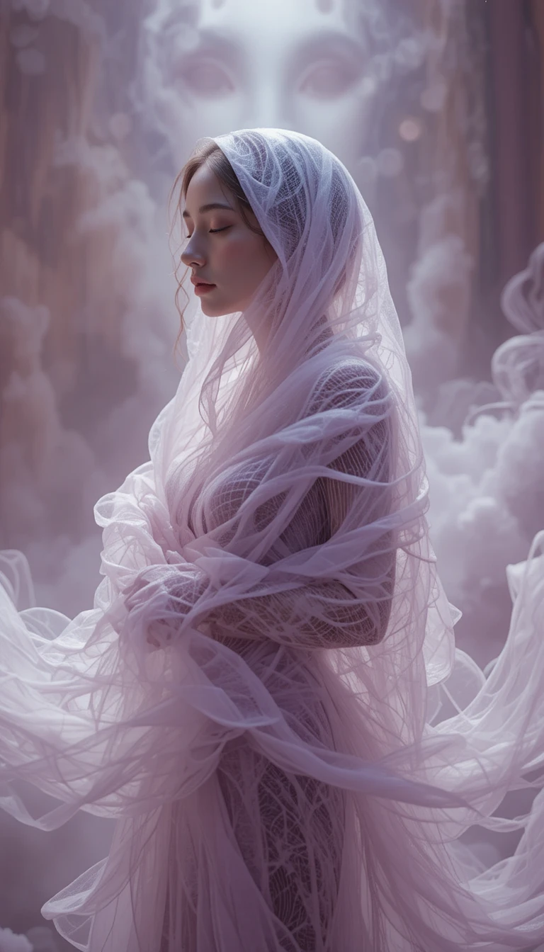 Ethereal woman wrapped in lavender mist and soft cotton
