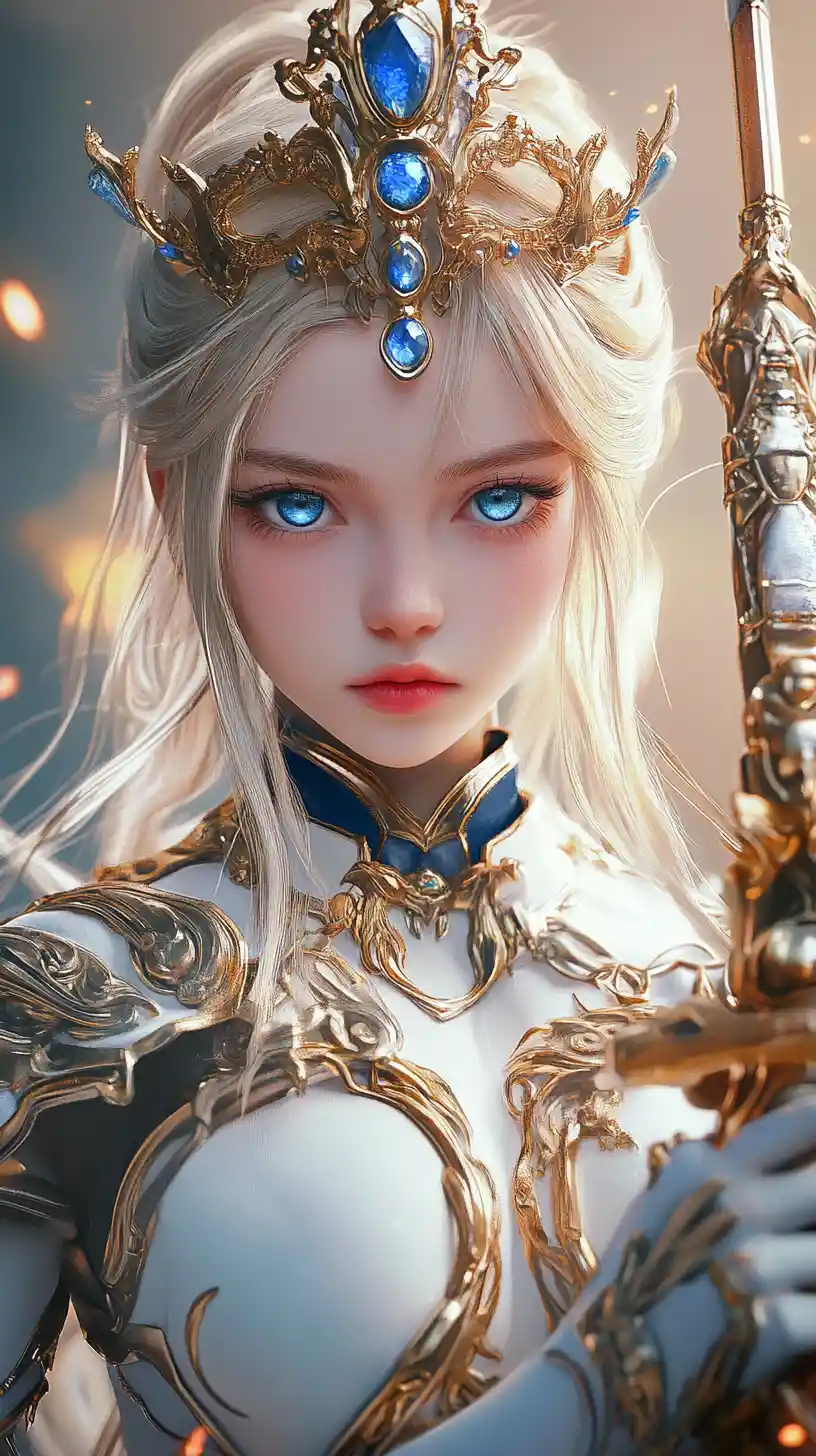 Ice eyed warrior woman with ornate golden armor and katana