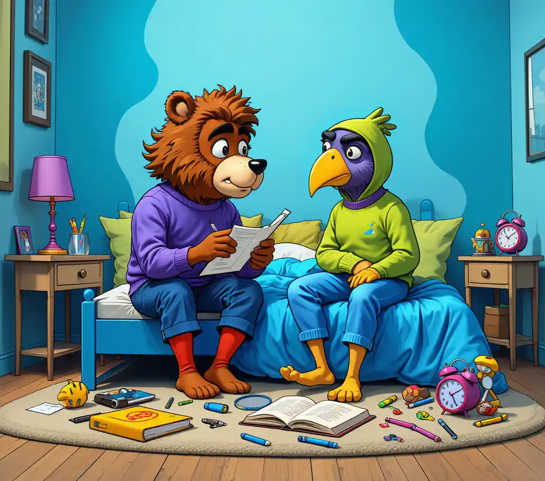Anthropomorphic bear and bird talking on a colorful bed