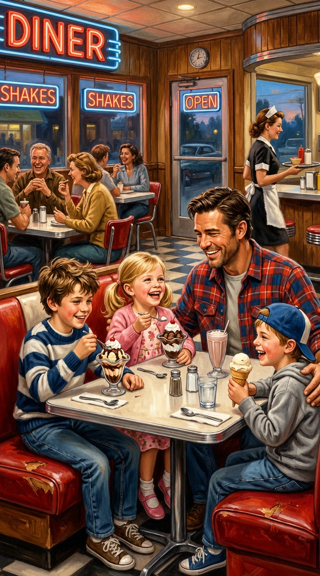 Father sharing ice cream with his children in a diner