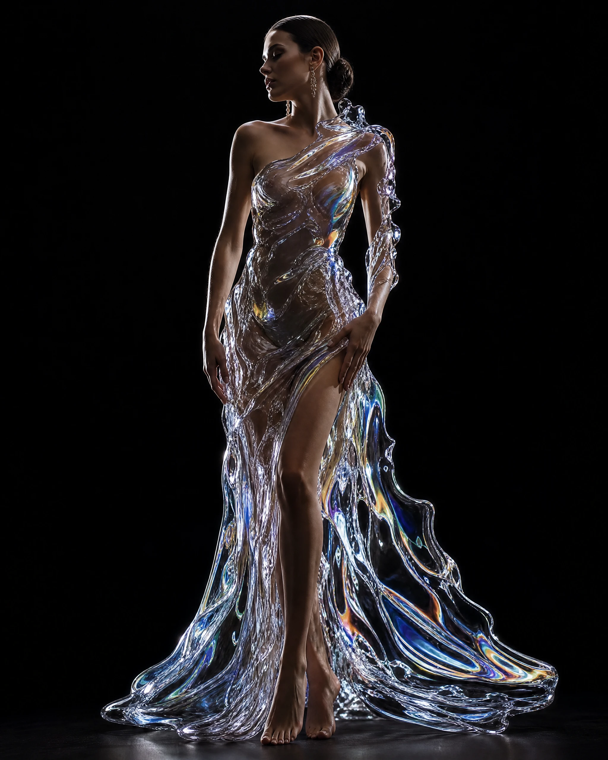 High-Fashion-Porträt eines Models im flüssigen Glas-Kleid