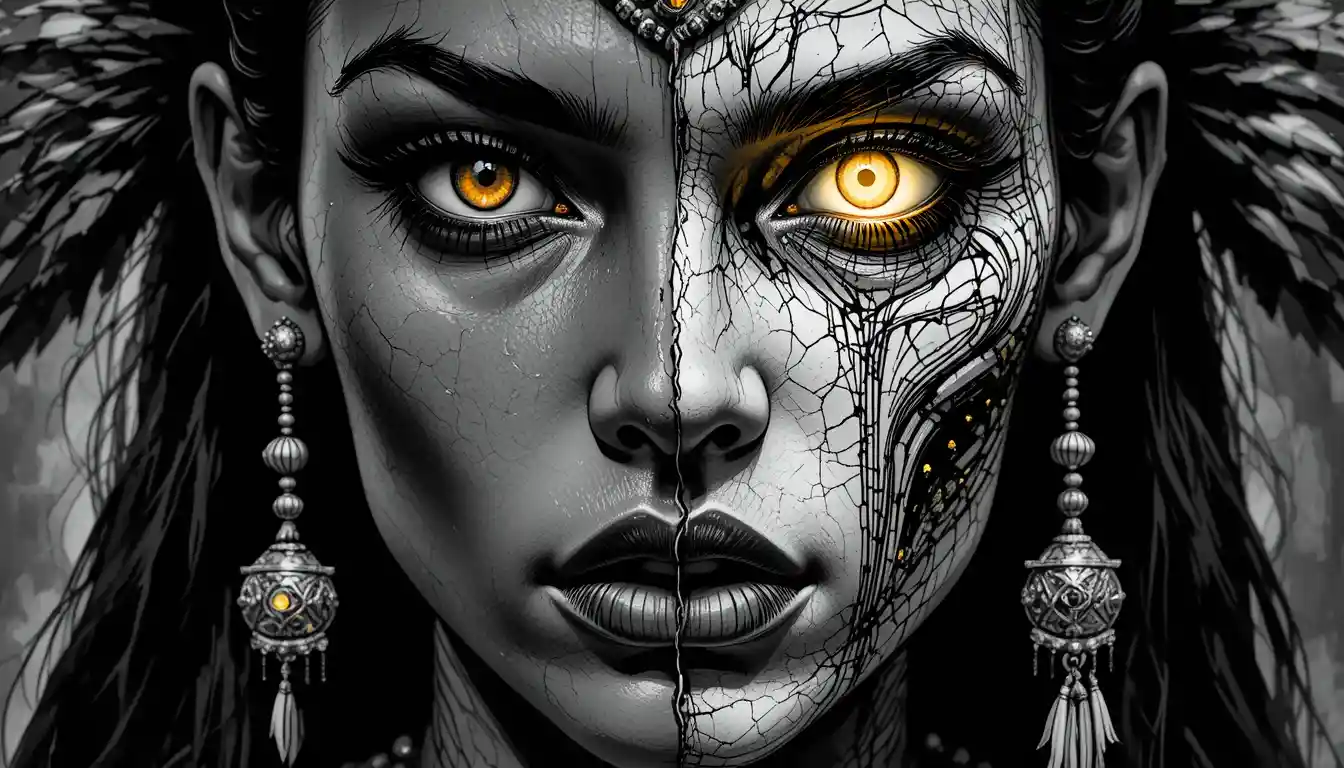 Split face metamorphosis of woman into divine serpent goddess