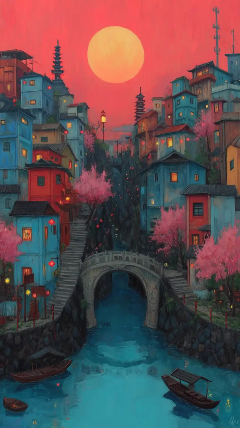 Ancient canal town at sunset with pagoda and boats