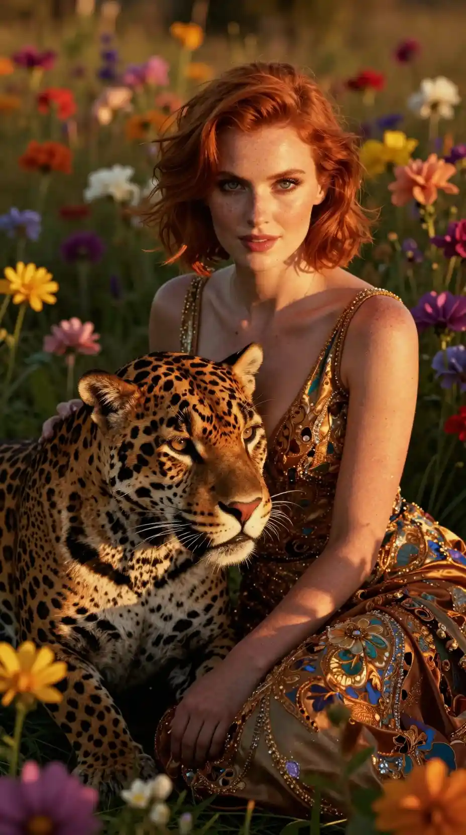 Woman with jaguar in flower field at golden sunset