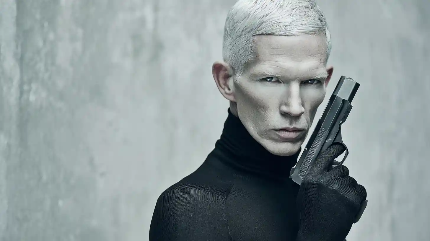 Cinematic portrait of futuristic guardian woman in black turtleneck