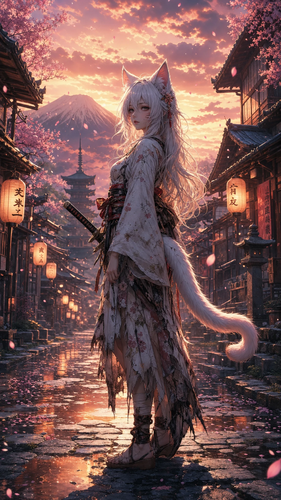 Cat girl warrior in a tattered kimono on village street