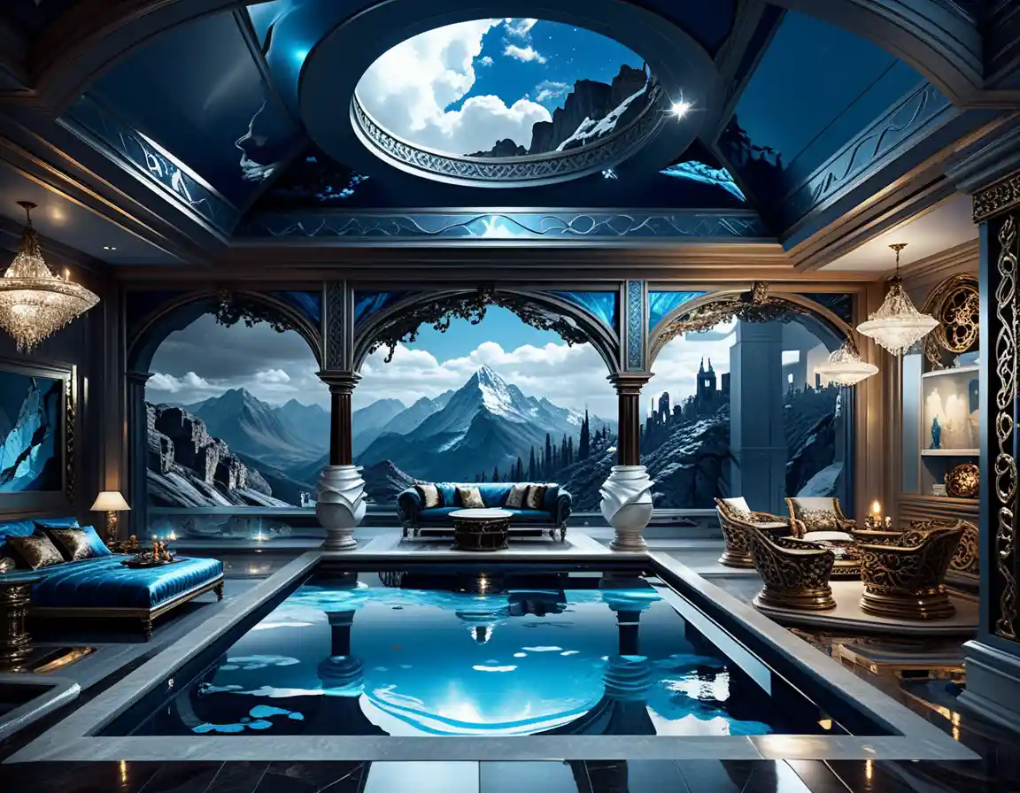 Luxury penthouse infinity pool over dramatic mountain landscape
