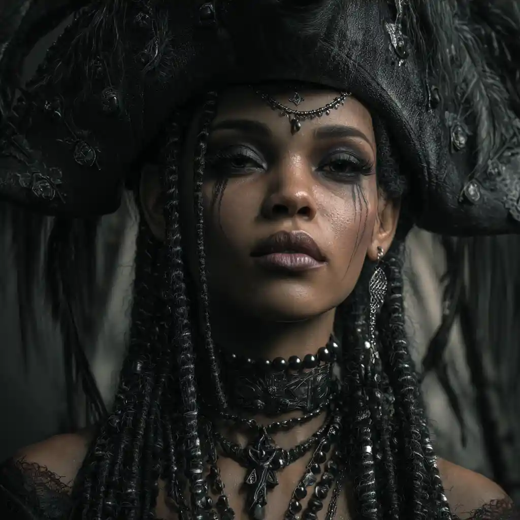 Goth steampunk pirate woman on a haunted black airship