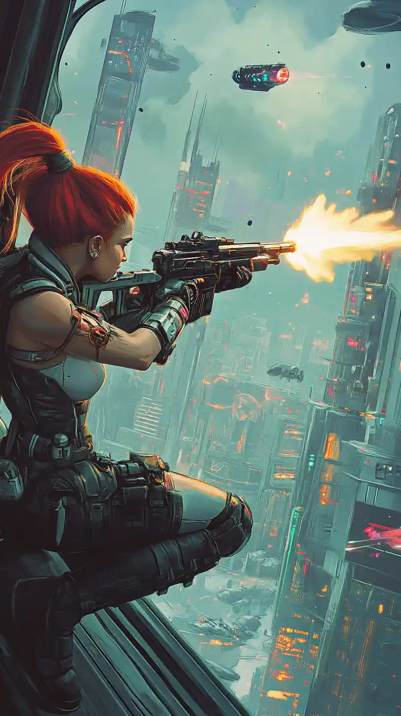Female bounty hunter firing directly toward the viewer