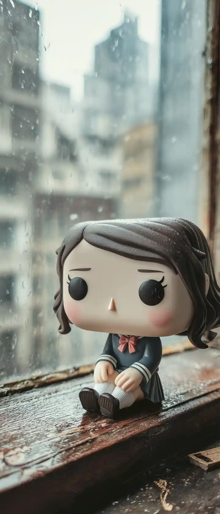Sad vinyl toy girl on a rainy city windowsill
