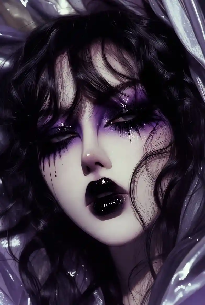 Glamorous goth woman with soft couture inspired makeup