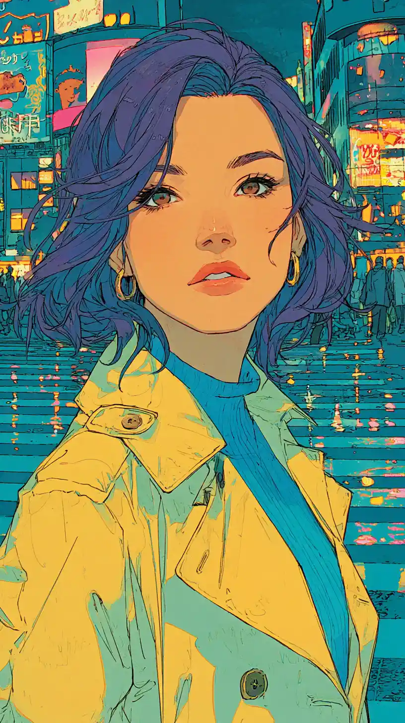 Violet haired anime woman at neon lit city crosswalk