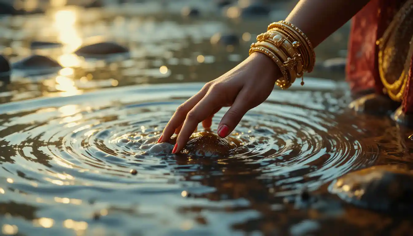 Woman hand touching a shallow flowing river surface
