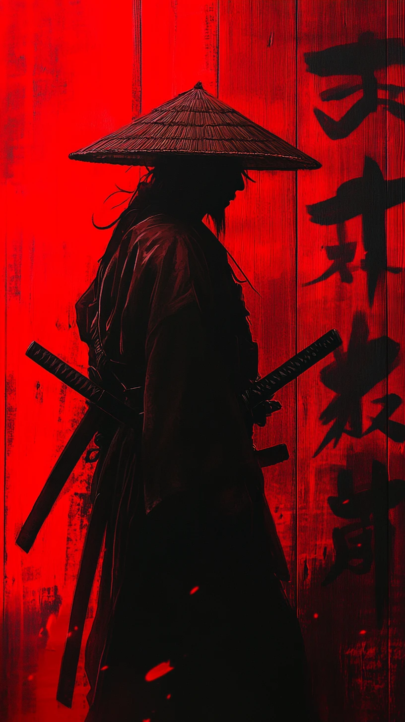 Silhouetted Samurai Against Red Kanji Lit Wooden Wall