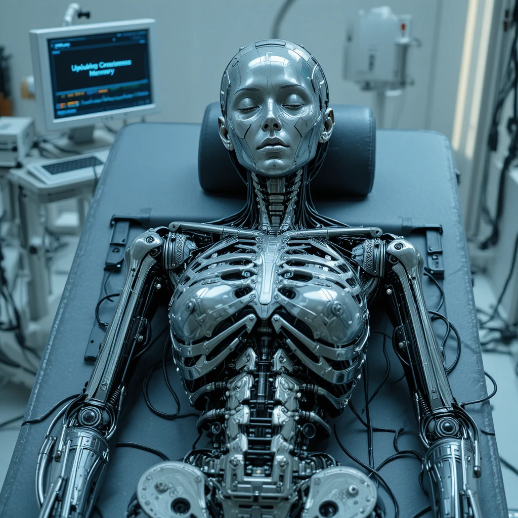 Cybernetic android woman on operating table in lab