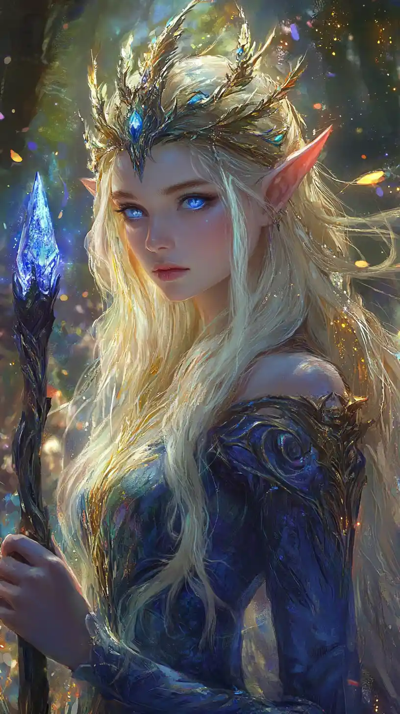 Elf sorceress with glowing staff in enchanted forest