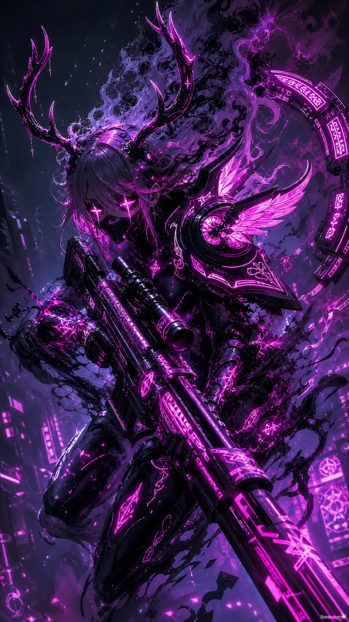 Cyberpunk woman dissolving into smoke with neon sniper rifle