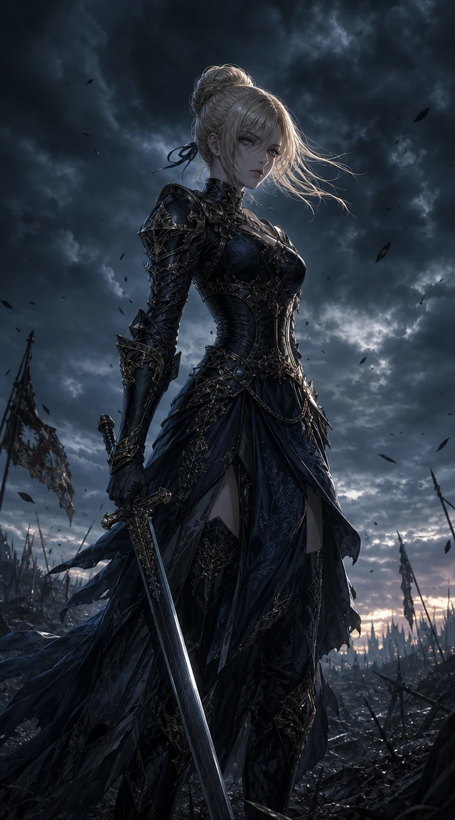Blonde warrior woman with sword on dark fantasy battlefield