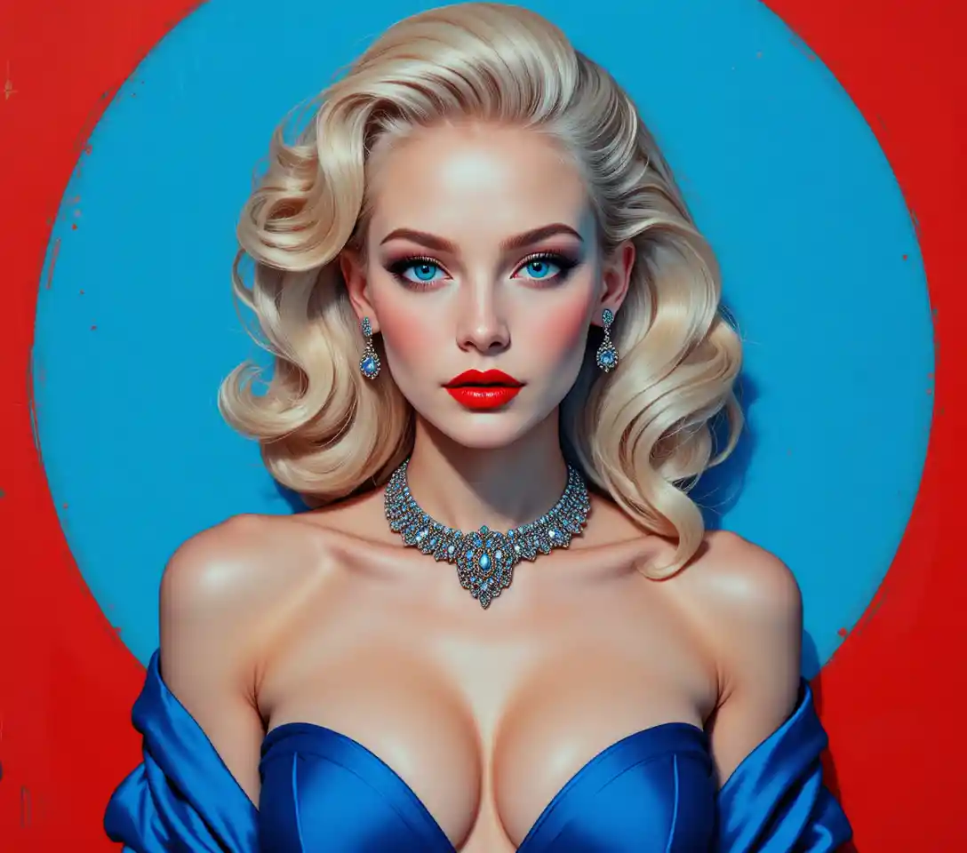 Glamorous Blonde Woman In Blue Dress Close Up Portrait