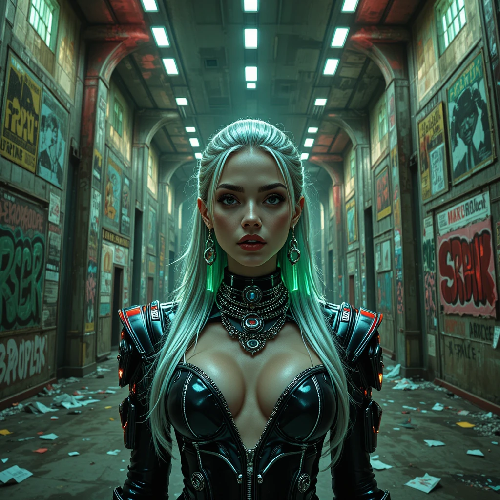 브루탈리즘 환승 터미널의 사이버펑크 패션 여성