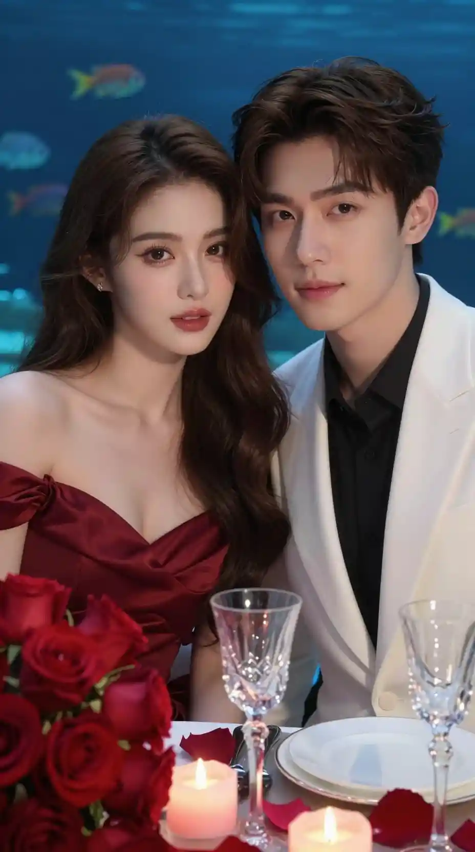 Romantic Asian couple at underwater candlelit dinner