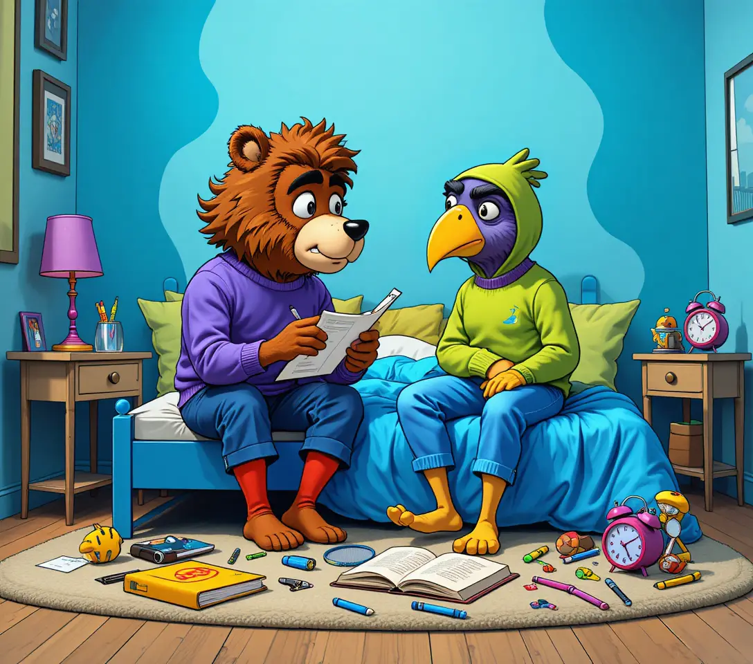 Anthropomorphic bear and bird talking on a colorful bed