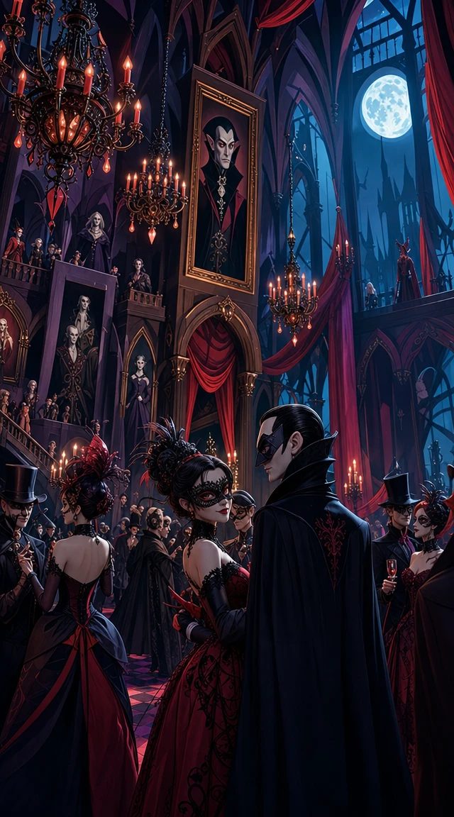Gothic masked ball guests in an eerie moonlit ballroom