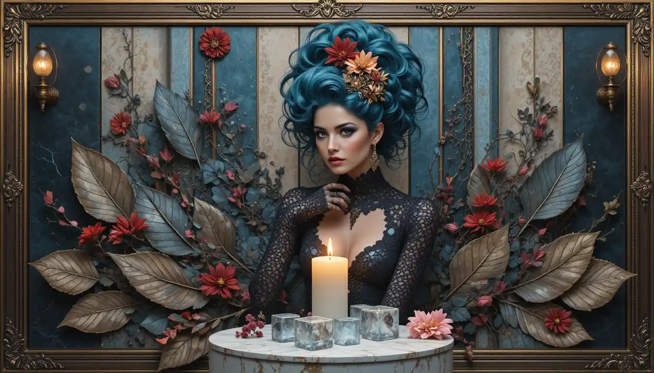 Steampunk woman portrait with teal hair and ornate gears