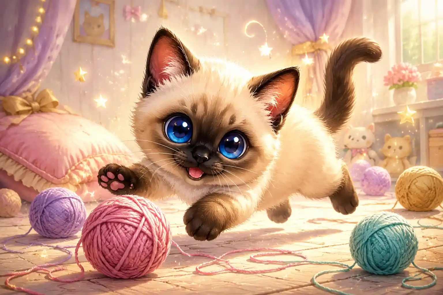 Chibi Siamese kitten chasing pastel yarn on nursery floor