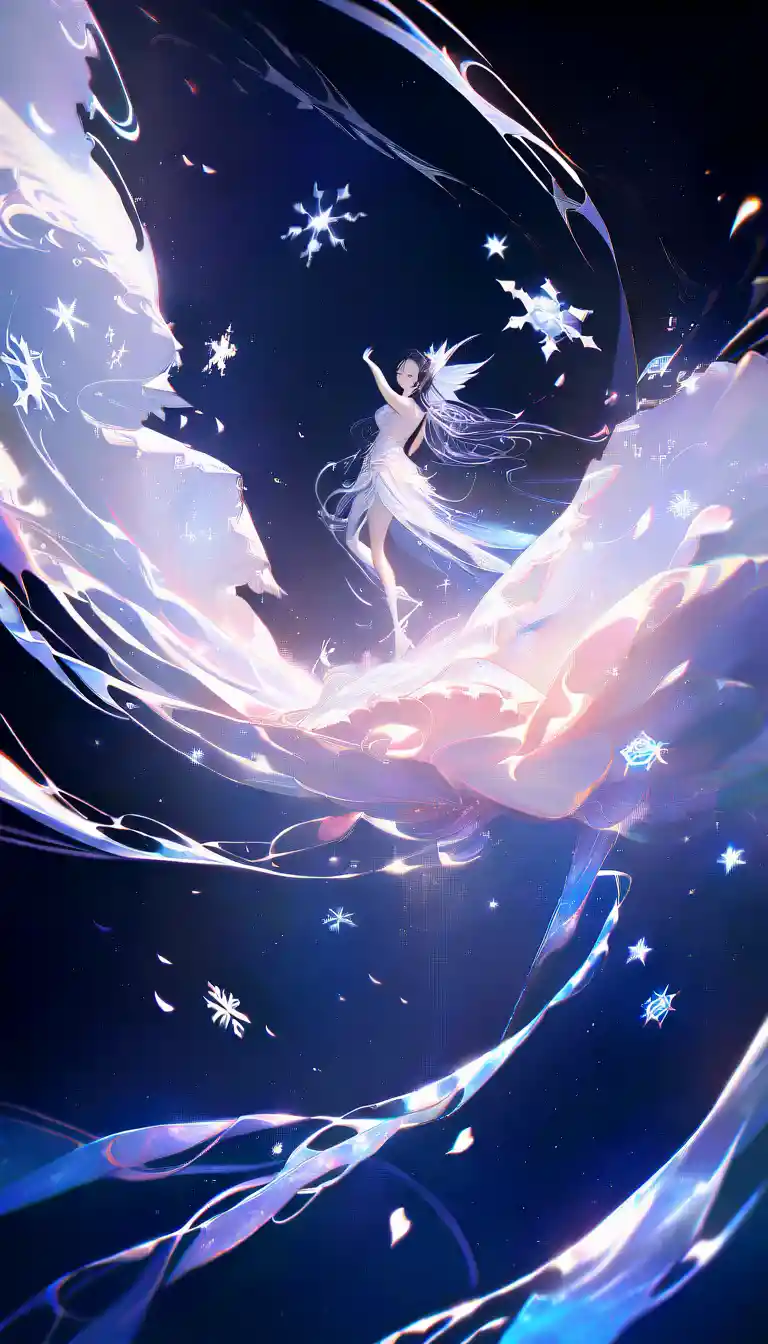 Glowing snowflake fairy emerging from swirling flower petals