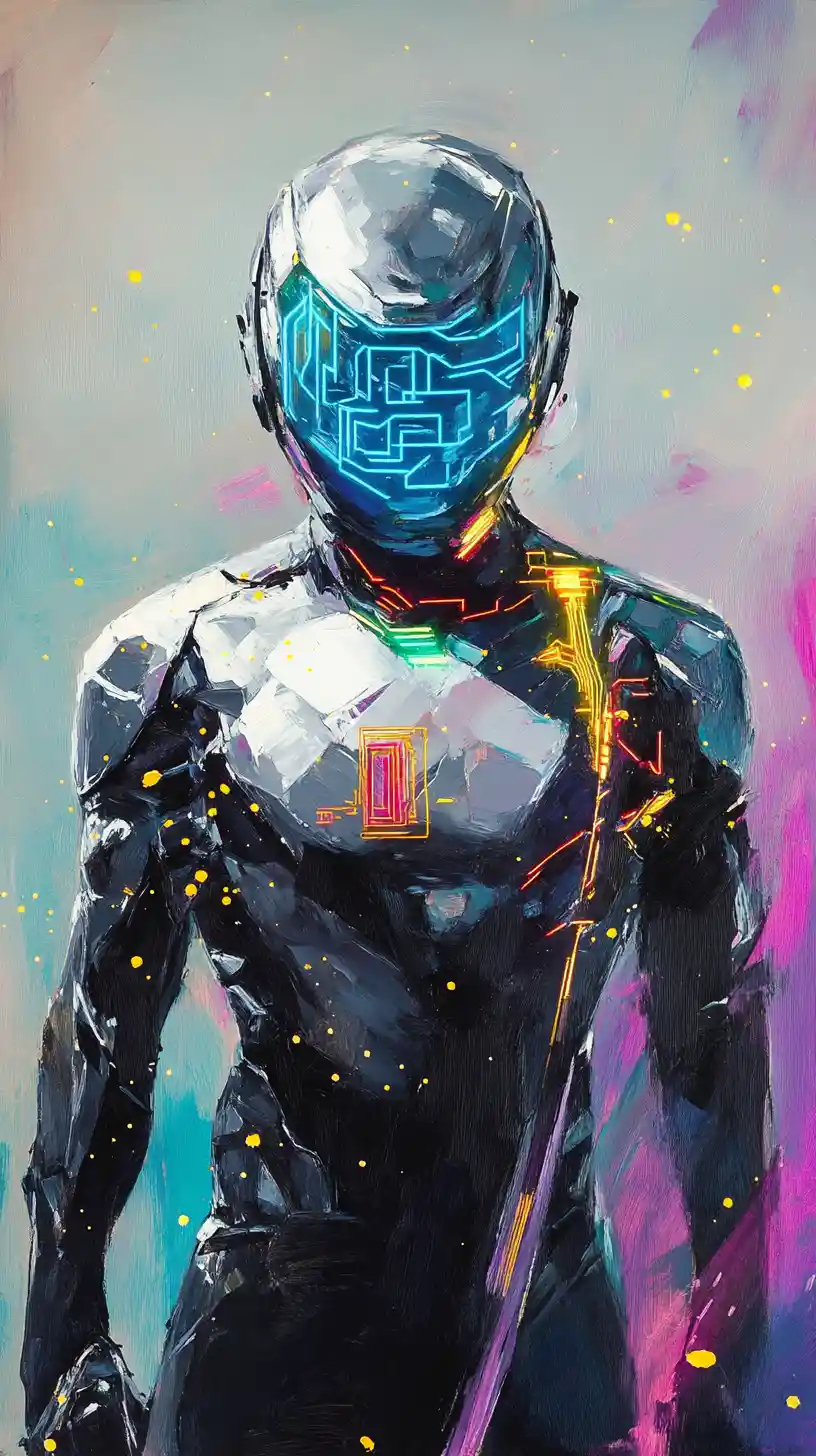 Abstract neon portrait of a futuristic cyber samurai warrior