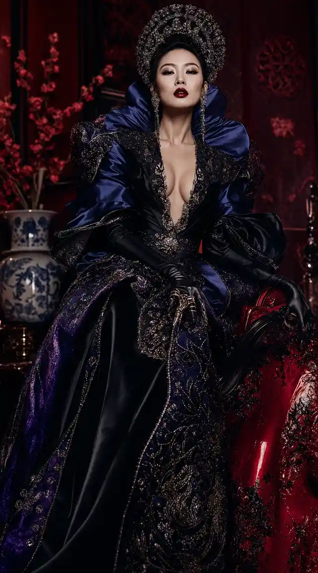 Asian fashion woman in bold black blue purple and red couture