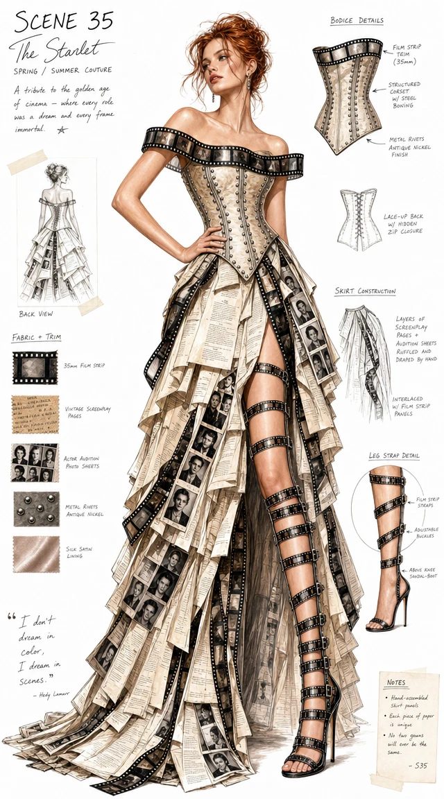 Elegante Modeillustration einer Frau in einem filmisch inspirierten Kleid