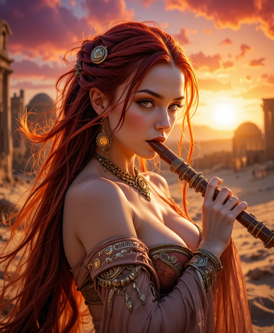 Fiery haired fantasy bard playing flute in desert ruins