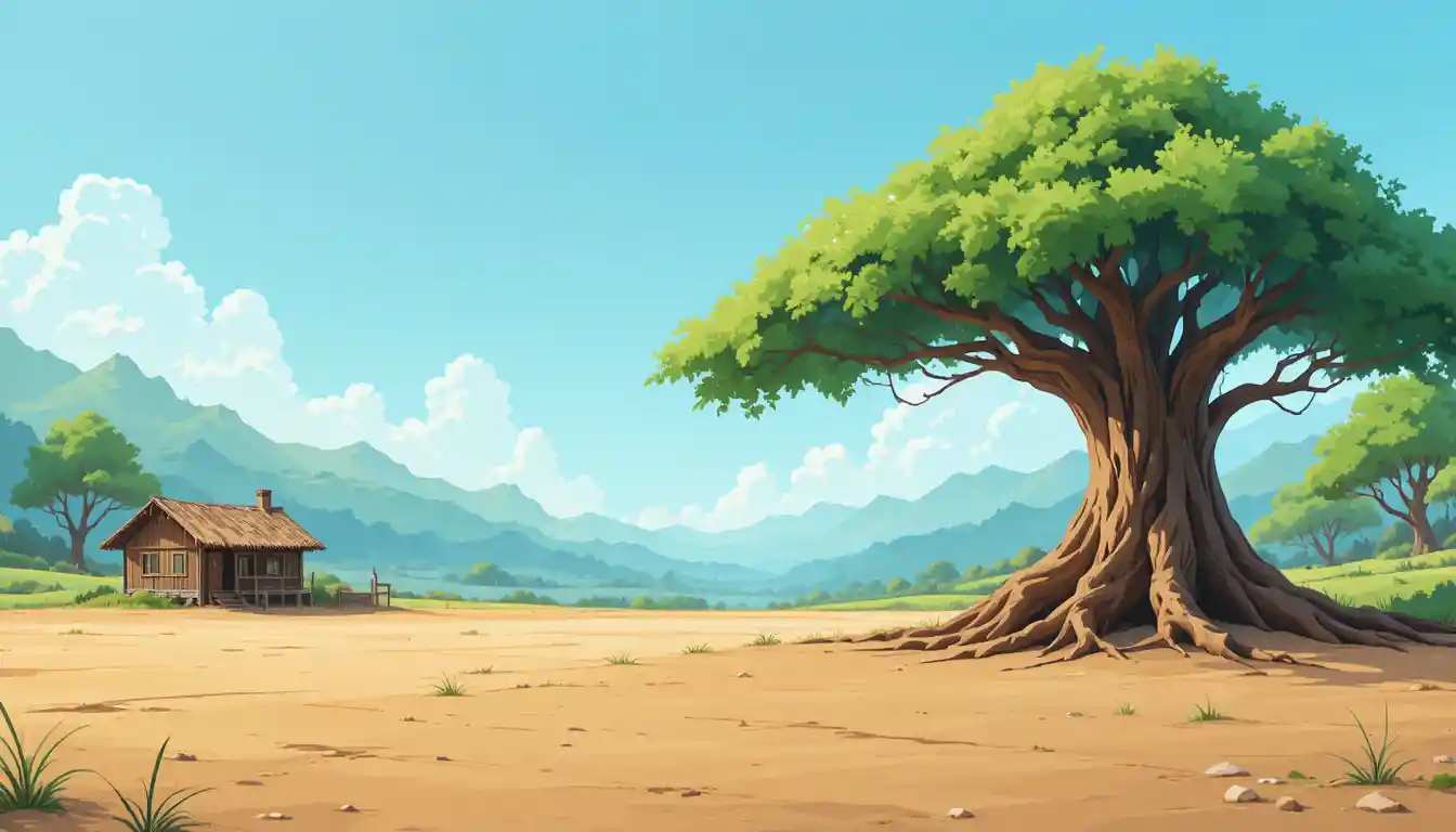 Scena di campagna side scrolling con albero e capanna del villaggio