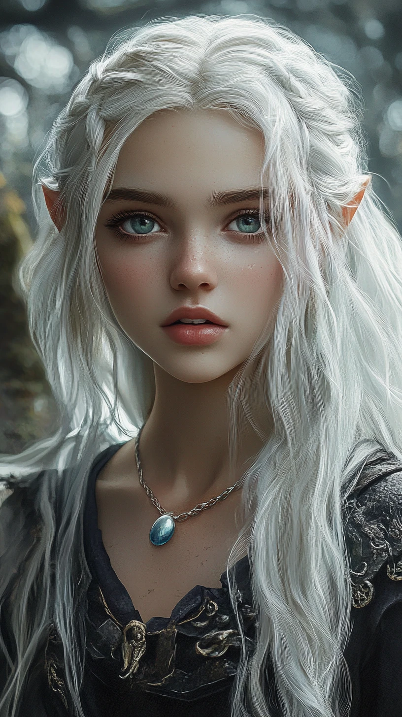 White haired elf girl in dark warrior attire portrait