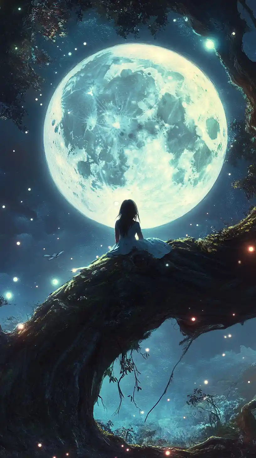 Girl On Ancient Tree Branch Under A Luminous Full Moon