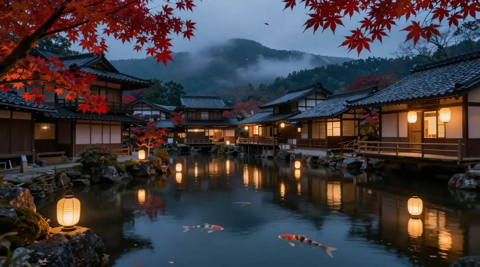 Ancient Japanese village by a glowing koi pond at night