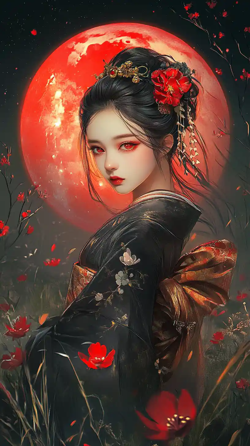 Anime woman in black kimono beneath a crimson full moon