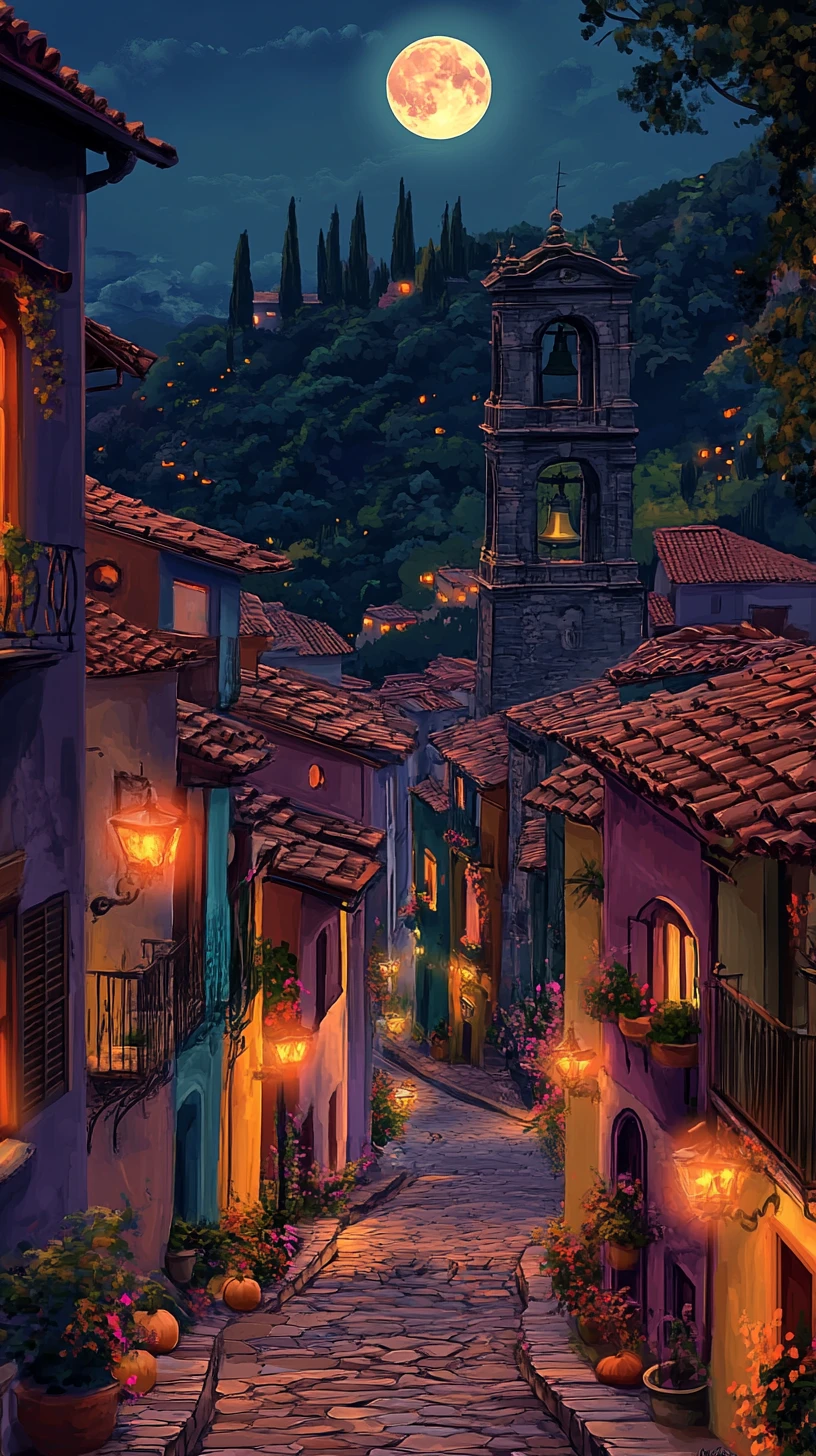 Moonlit European village street with colorful hilltop houses