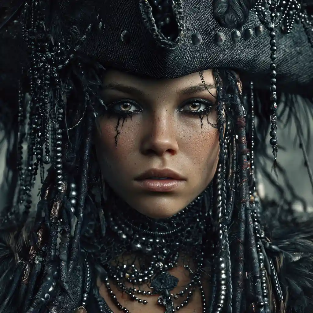 Goth steampunk pirate woman on a haunted sea ship