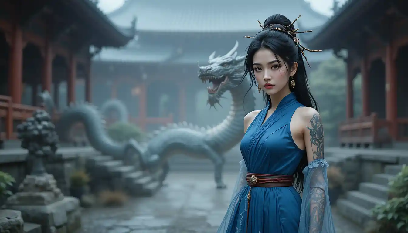 Asian woman in blue robe at misty buddhist temple