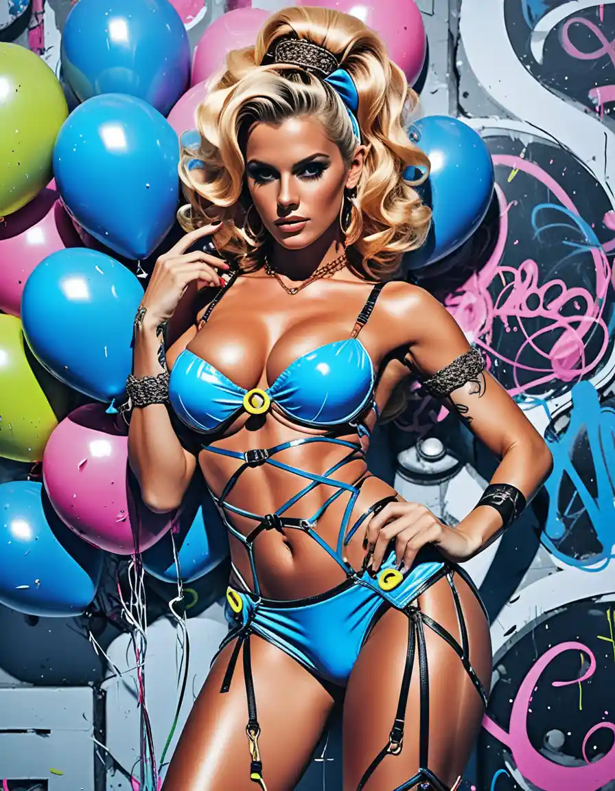 Fantasie-Geburtstags-Pin-up-Frau mit Luftballons und Torte