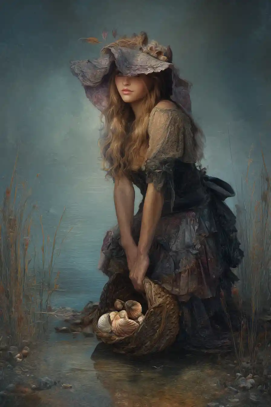 Fantasy woman gathering clams by a dark lakeside