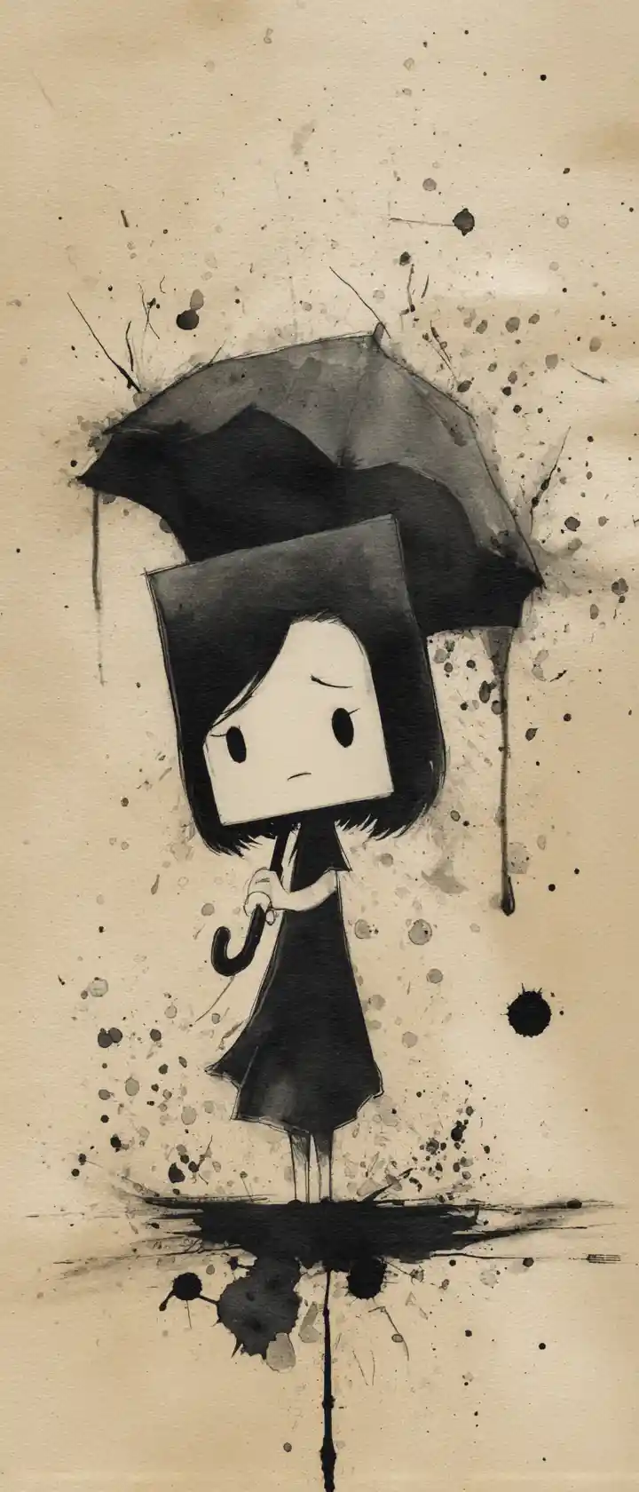 Sad anime girl figure with broken umbrella in ink wash