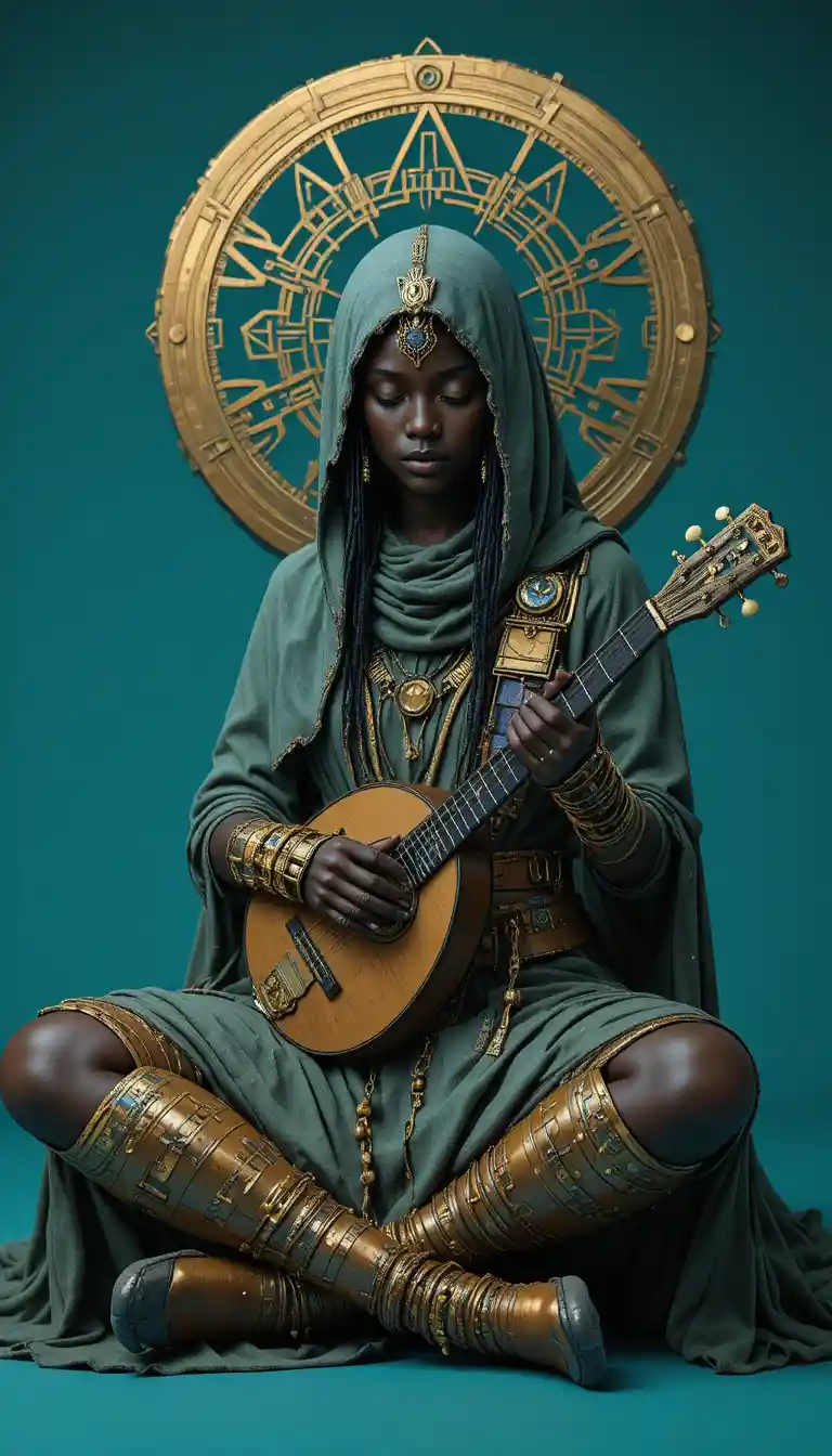 Sci fi tribal woman with futuristic lute in teal robe